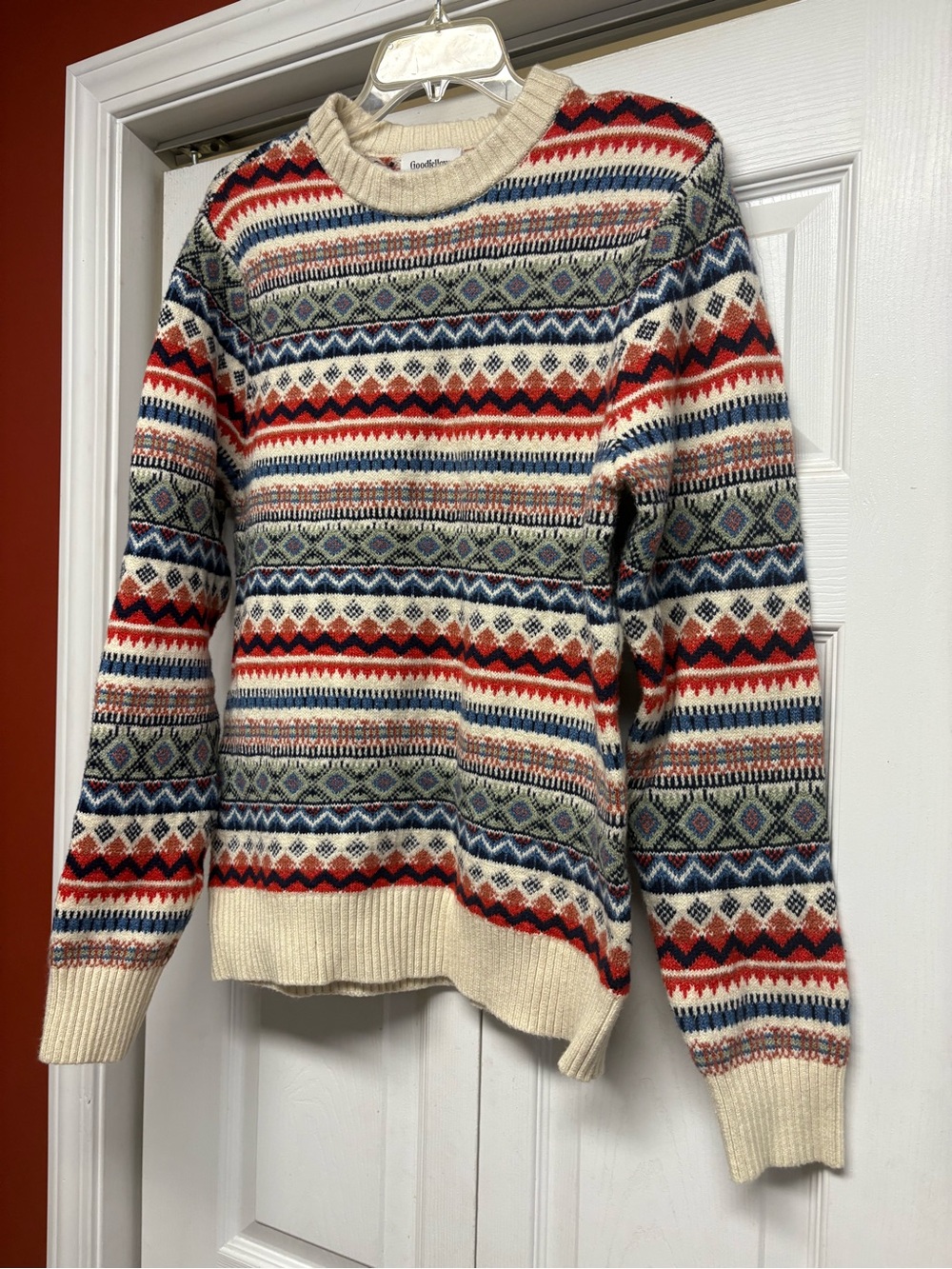 Goodfellow & Co Cream Fair Isle Crewneck with Red and Navy Accents